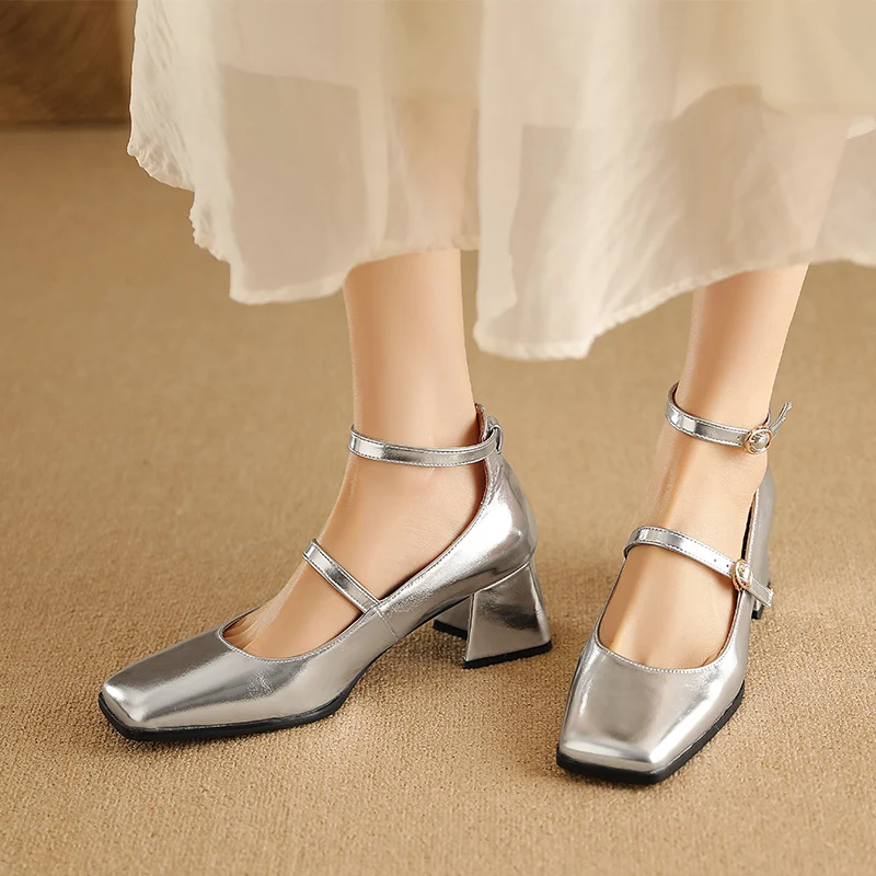 

Womens PU Leather Mary Janes Square Toe Block High Heel Pumps Ladies Ankle Strap Fashion Shoes Spring Autumn Silver Gold Size 48