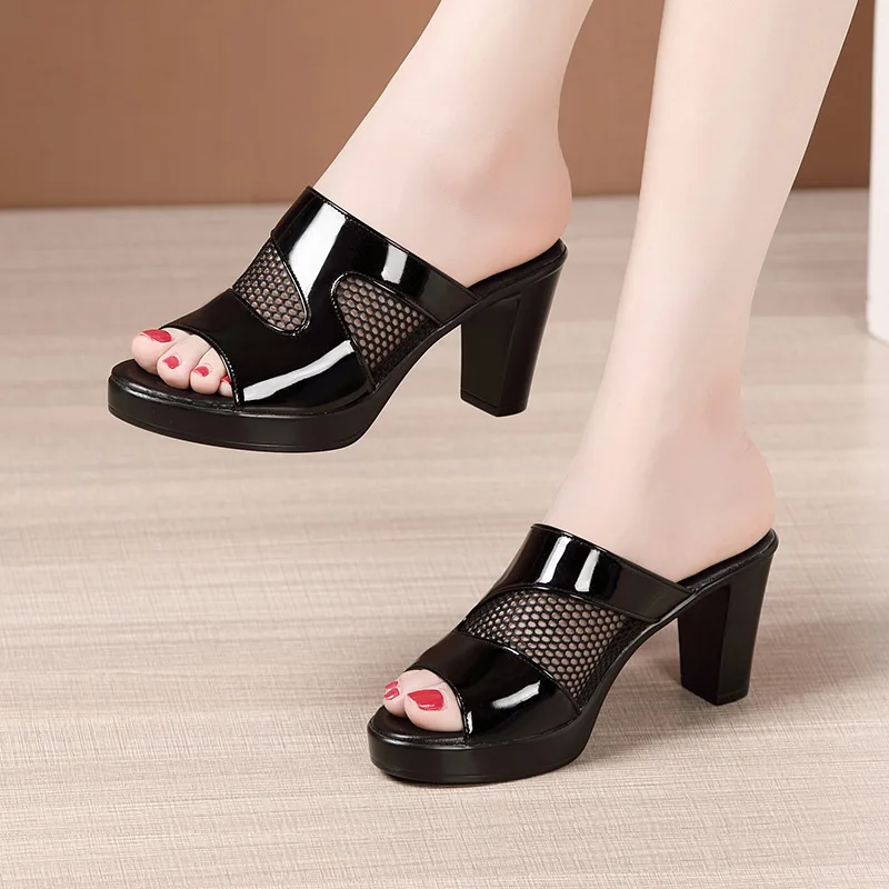 Womens Mules Sandals Patent Leather Block High Heels Slippers Open Toe Shoes
