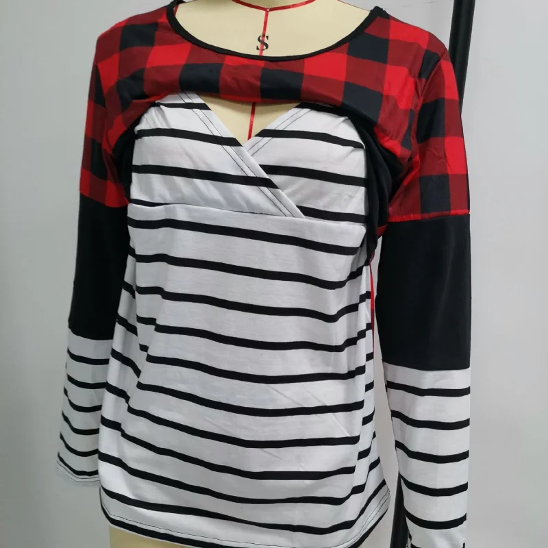 Maternity Fake Two-piece Top Plaid T-shirt Long Sleeve Casual Nursing Wear Plaid Top Confinement Clothing