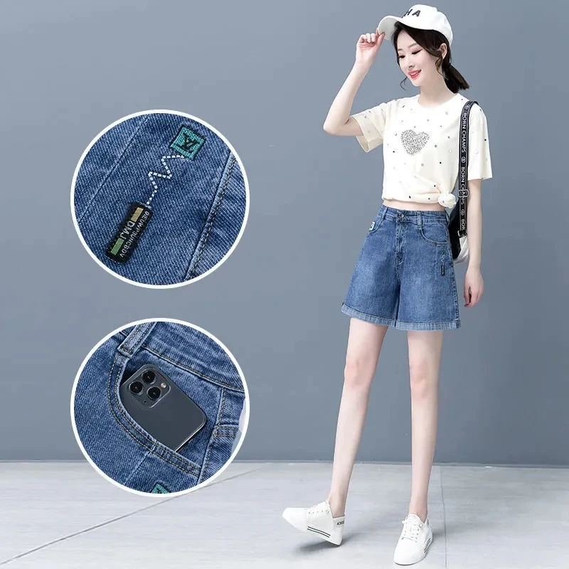 Plus Size Embroidery Denim Women's Shorts Turning Edge Thin Loose Wear Wide Legs High Waist Euryscelia Slim Women Quarter Pants