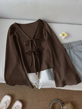 Women's Casual Solid Color Tie Front Semi-Fitted Flare Sleeve Blouse V-Neck Knit Textured Fabrics Cottagecore Top Spring/Fall 1