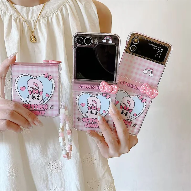 Korean Cute Bow Rabbit Phone Case with Chain and Hinge  - Kawaii  Cover