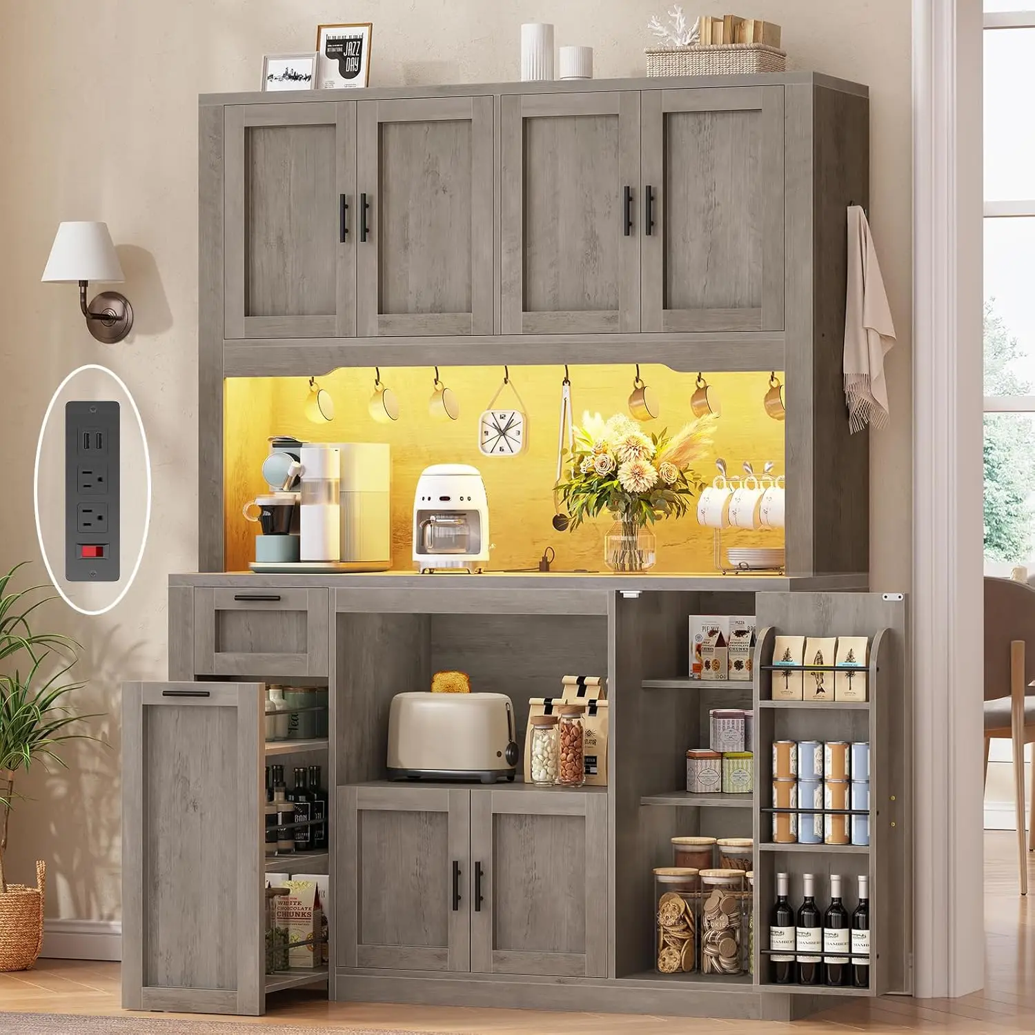 71 Inch Wide Pantry Cabinet with Charging Station And LED Light Kitchen Storage with Microwave Stand Design,Customized 2