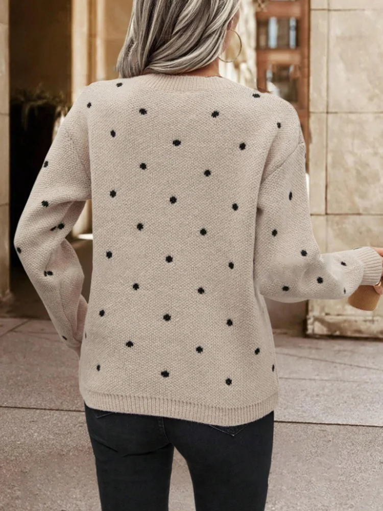 2025 Women Dots Pullover Sweaters Casual O-Neck Long Sleeve Knitting Loose Jumpers Female Warm Sweater Coat