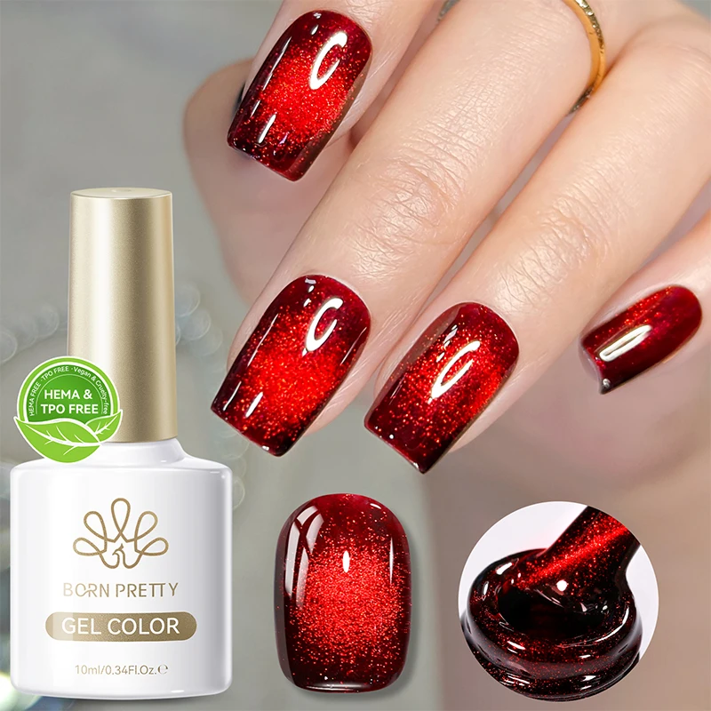 BORN PRETTY 10 ml rotes Glasperlen-Katzen-Magnetgel, ultraglanz, semi-permanent, Soak Off UV-Gel, Weihnachts-Maniküre, Nagelkunst-Lack