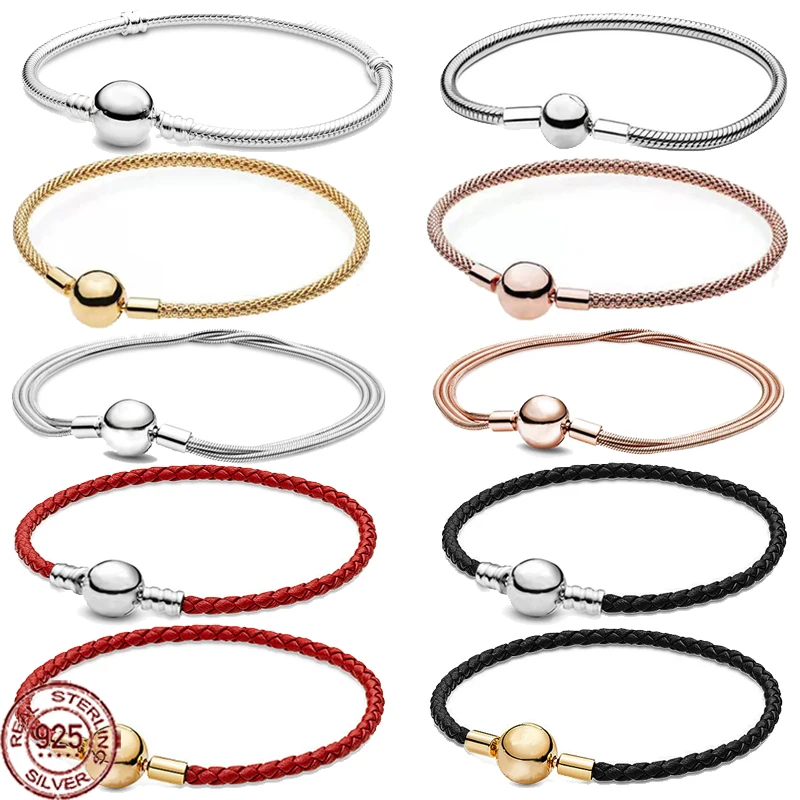 

Exquisite round buckle series bracelet 925 sterling silver leather bracelet fits original charm beads DIY women's gifts