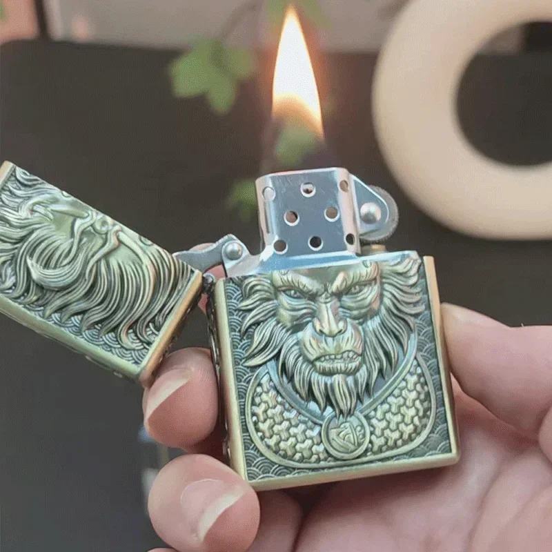 ゾロレトロ中国風の金属灯油砥石ライター 3D 立体両面レリーフシガー