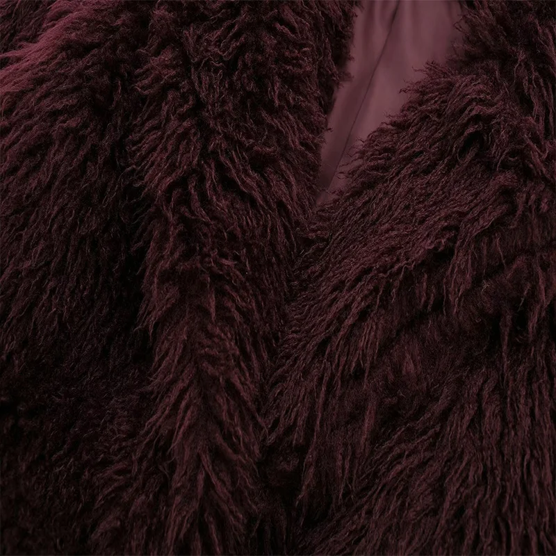 Koekop Women's Fashion Burgundy Asymmetric Thick Collar Fur Coat Vintage Casual Chic Temperament Lady Short Jacket 6