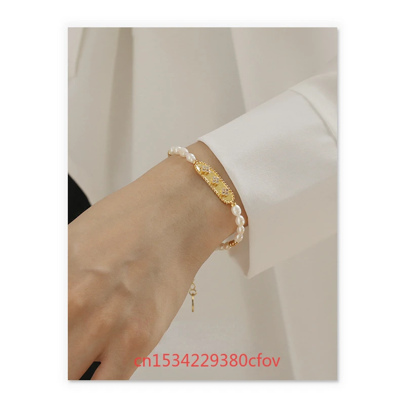 

Natural Freshwater Genuine Pearls Brass Plated with Genuine Gold Zircon Inlaid with Diamonds Elegant Style Bracelet Ladies Gift