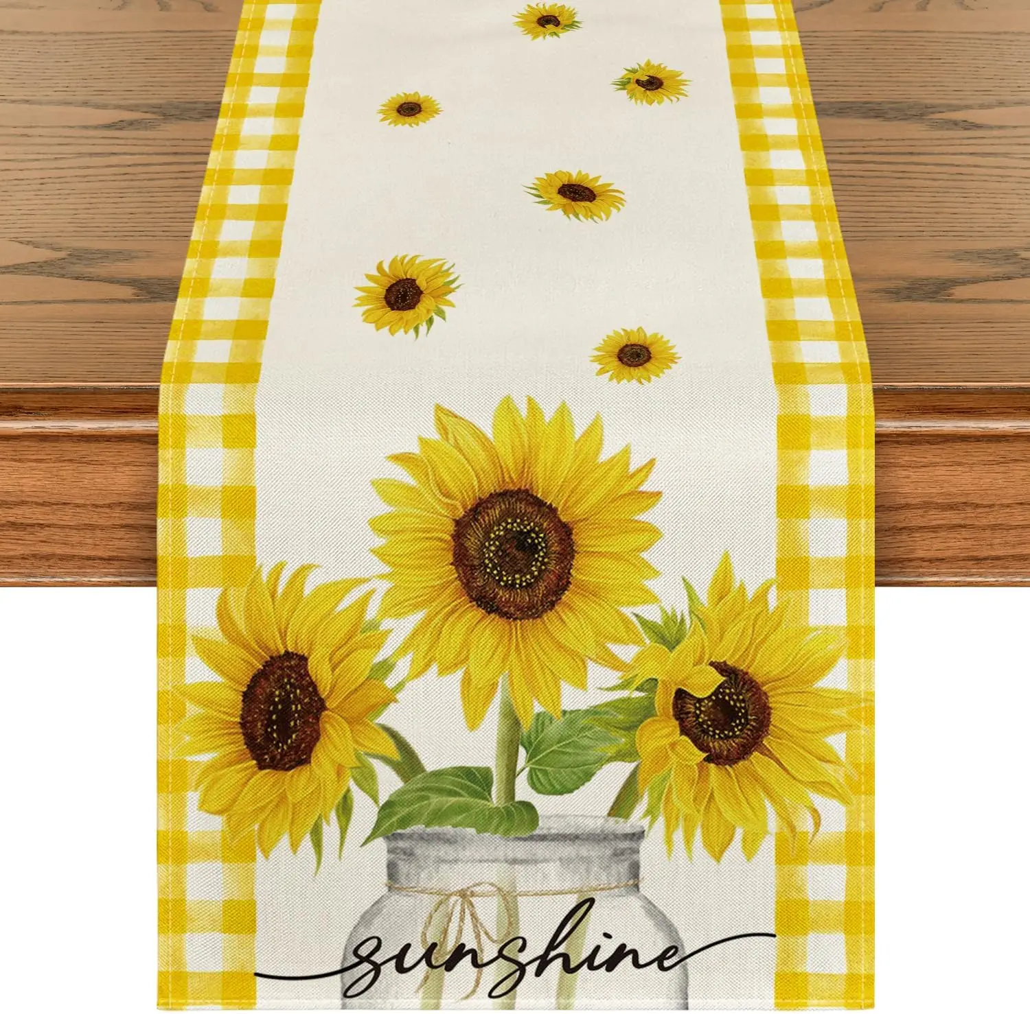 

Yellow Buffalo Plaid Vase Sunflower Spring Table Runner Seasonal Summer Kitchen Dining Table Decoration for Home Party Decor