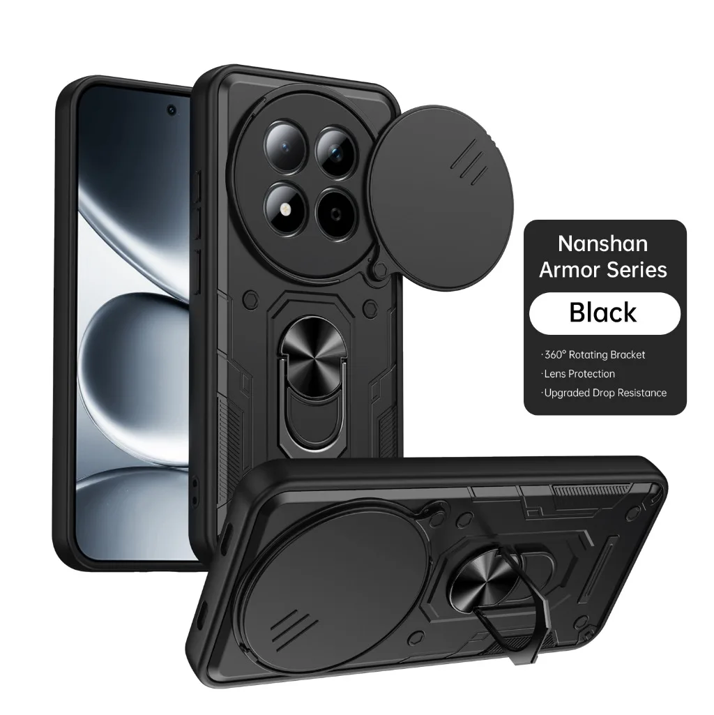 Rugged Shockproof Phone Case with Slide Camera Protection and 360° Rotating Ring Holder Kickstand