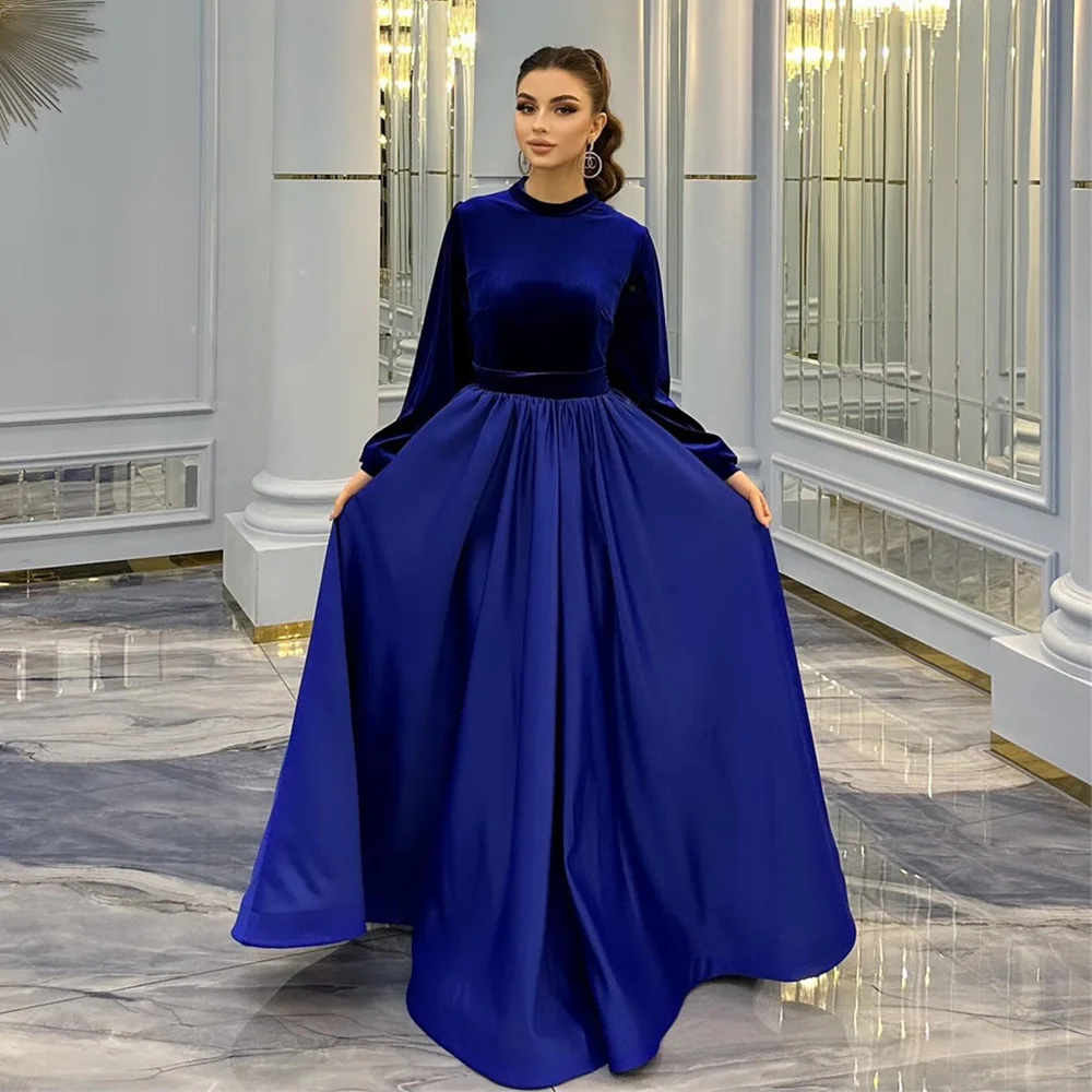 

Velour Patchwork Long Sleeve Prom Gown A-line High Solid Color Pleat Evening Dresses Vintage Party Dress فساتين سهرة فخمه