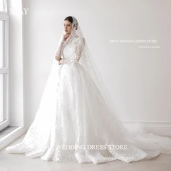 XPAY Exquisite A Line Lace Wedding Dresses Long Sleeves O-Neck Dubai Arabic Bridal Gowns 3 Meter Long Veil Korea Wedding Gowns