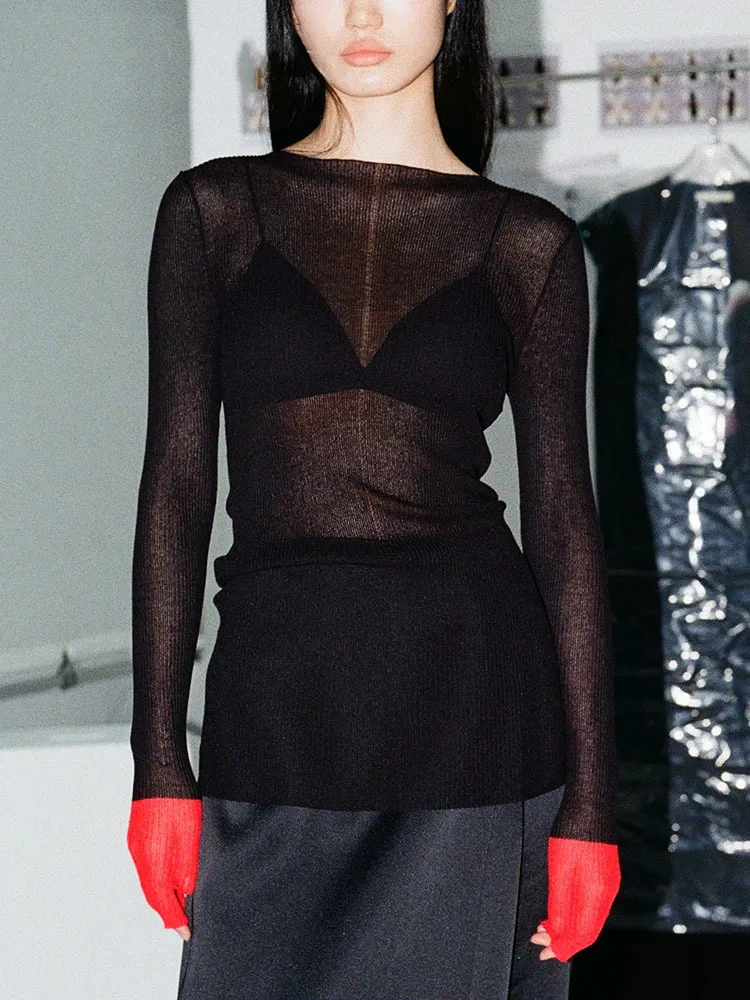 

NICEWOMEN Colorblock повседневные облегающие футболки для женщин с круглым вырезом и длинным рукавом минималистская темпераментная футболка женская мода AH310