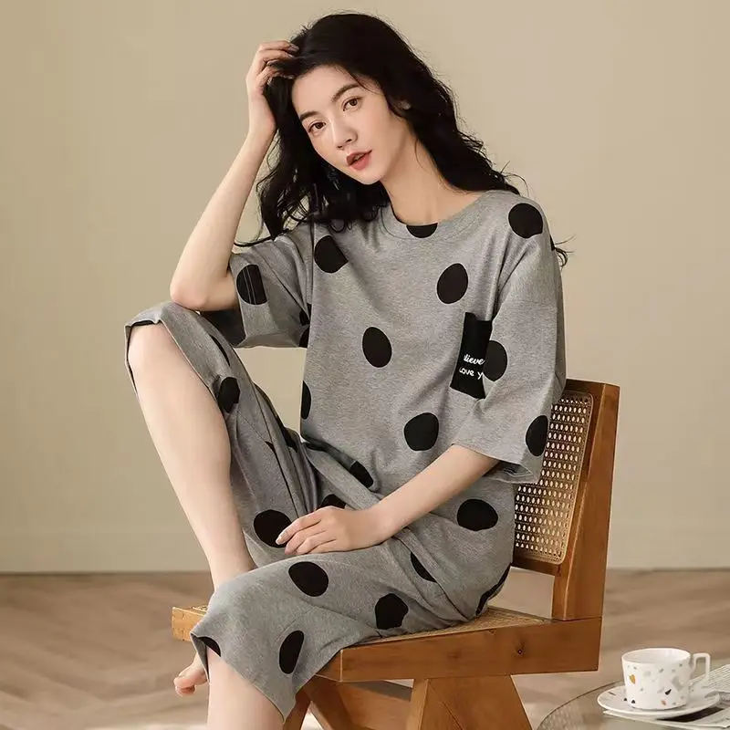 Women's Summer Pyjamas: Short-Sleeved Top and Cropped Trousers, Plus Size, Boho-Chic Checked Set, Loungewear, Women's Underwear