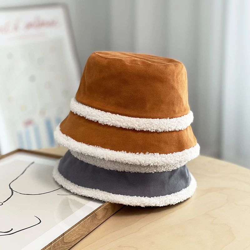 

Thickened Suede Plush Fisherman Hat Ladies Autumn and Winter Fashion Warm Lamb Velvet Hats Big Head Basin Cap Men's Street Caps