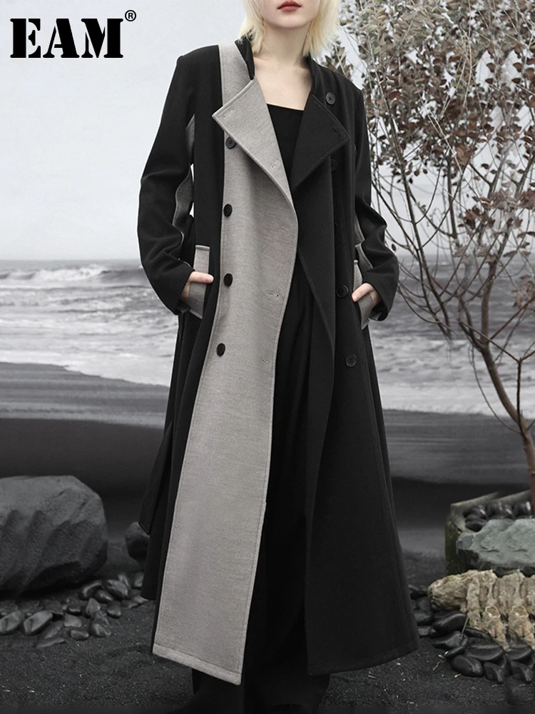 

[EAM] Color-block Big Size Long Belted Woolen Coat New Stand Collar Long Sleeve Women Jacket Fashion Autumn Winter 2024 1DH4165