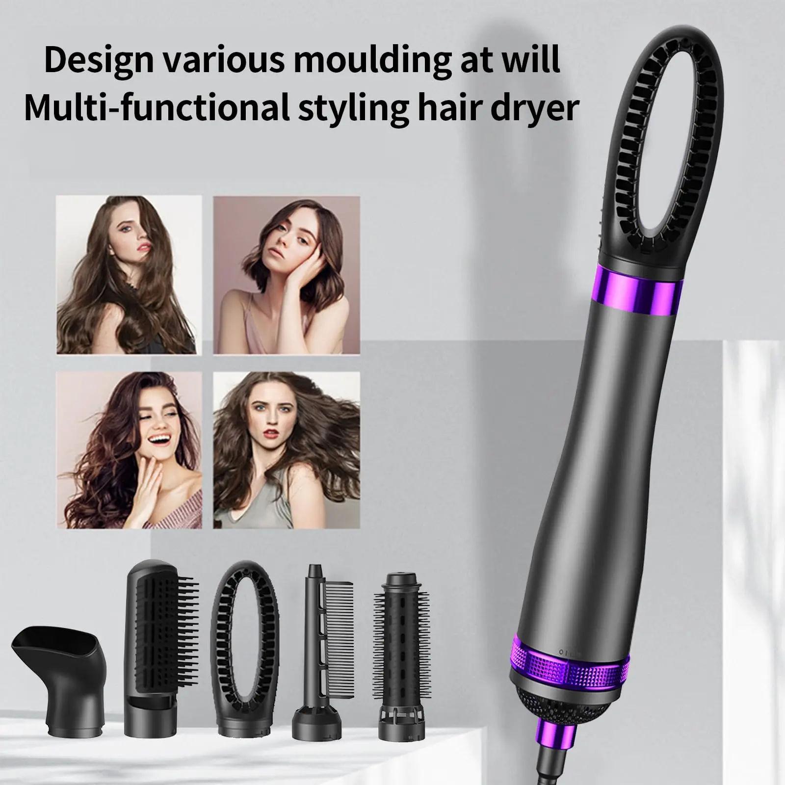 5 in 1 Negative Ionic Electric Hair Brushes,Removable Hair Dryer for Fast Drying,Low Noise Curler/Straighteners Tools Salon