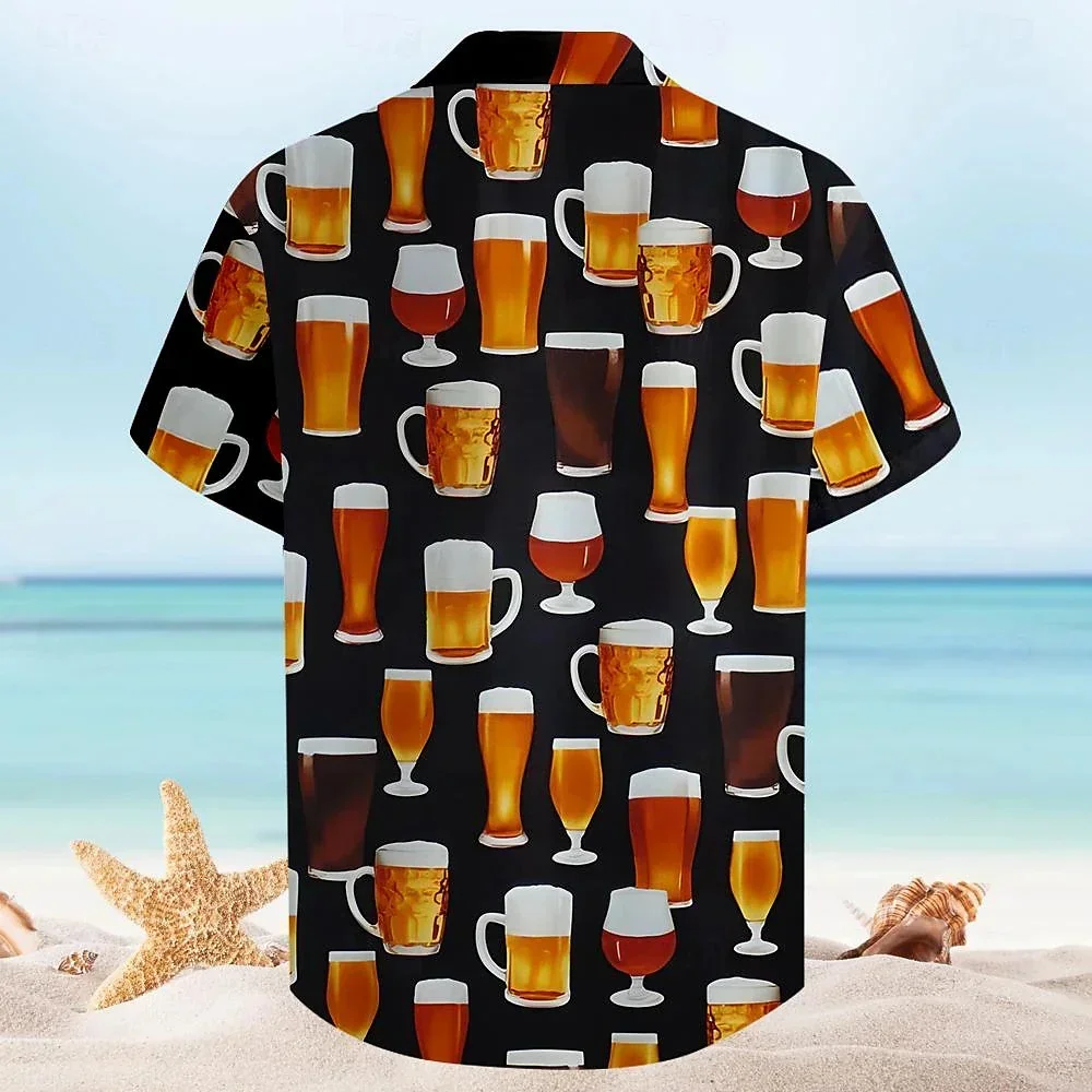Men's Printed Short Sleeve Shirt, Leisure, Daily, Summer, Flip Collar, Button, Designer Shirt, Beer, Hawaii Resort, Party