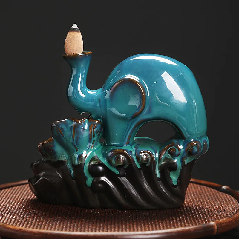 European Elephant Ceramic Backflow Incense Furnace Lotus Leaf Sandalwood Incense Holder Home Aromatherapy Base Crafts Decoration