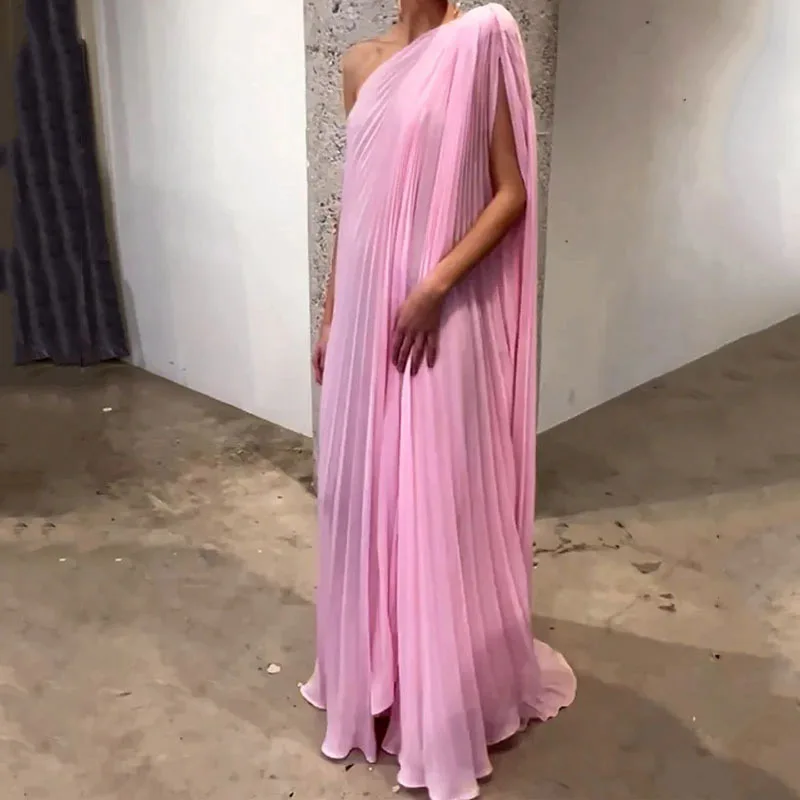 

Lady Sexy Irregular Bat Sleeve Evening Dress Summer One Shoulder Draped Pleated Party Dress Solid Elegant Cocktail Party Dress