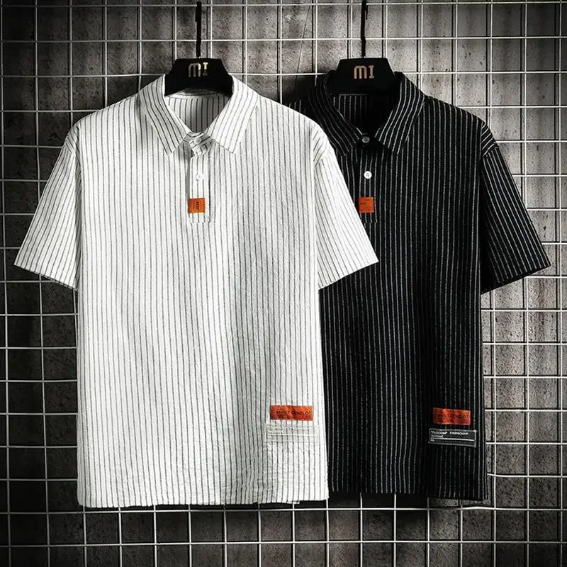 Men's Clothing Summer Vertical Striped Workwear Short Sleeve Polo Shirt Loose Fit American Retro Half Sleeve Top Solid Color 8 S3d4cc2bee73e4972ae9b0fef63ff4b85B