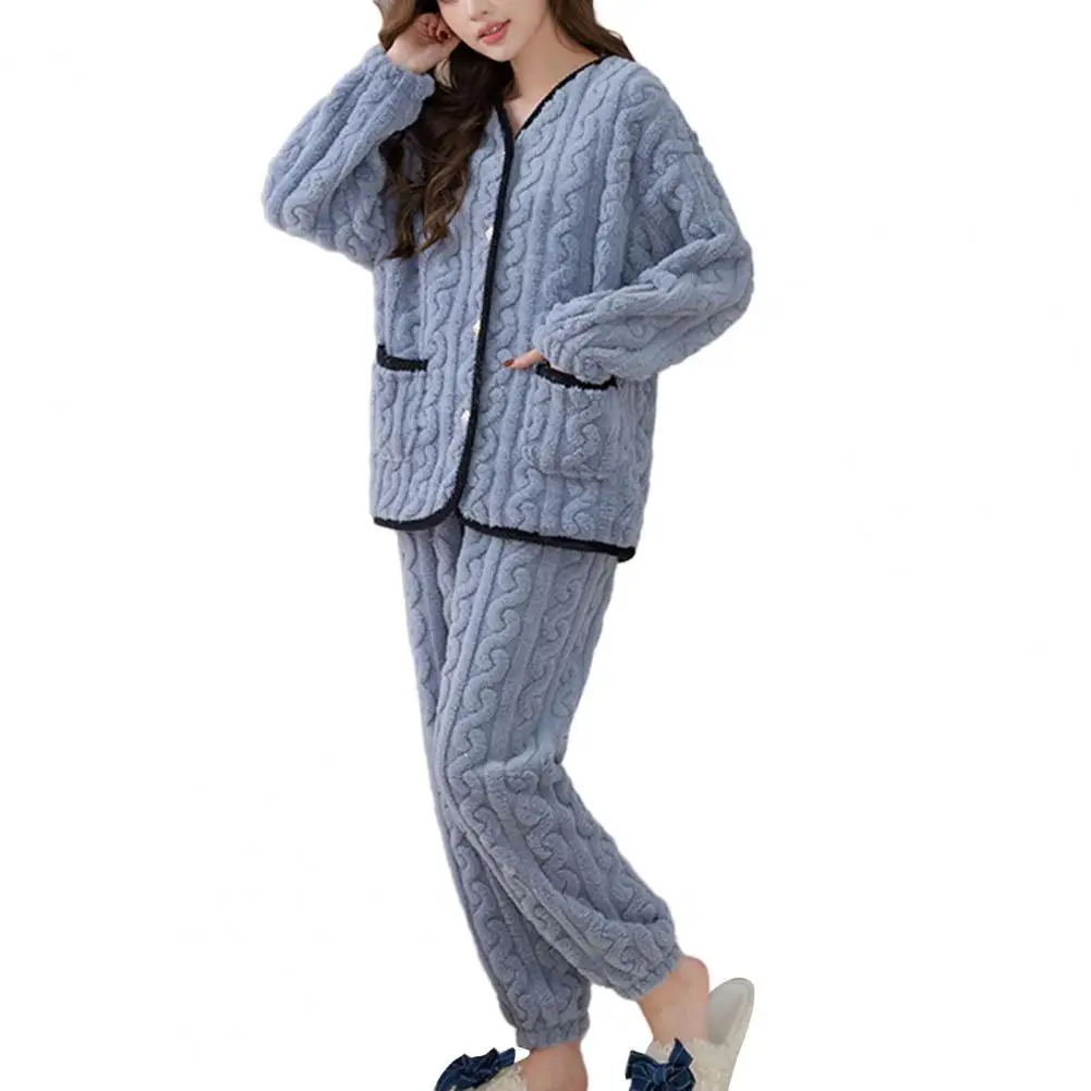 

Women Pajama Set Cozy Winter Pajamas Set for Women Plush V Neck Coat Loose Pants Homewear Suit Casual Women Pajama Set