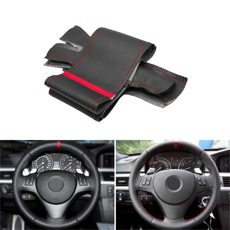

Кожаный чехол на руль автомобиля для BMW M Sport 1 3 серии E82 E87 E90 X1 E84 в старинном стиле 2011 2012 2013, черный с красной полосой