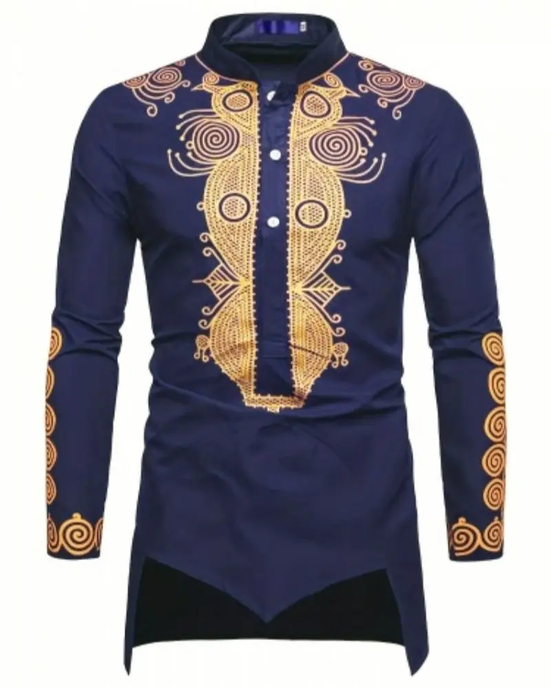 African Dress Dashiki African Men's Single Long Sleeve Top For Banquets And Weddings In Solid Color Bronzed Gold Can Be Worn For Four Seasons