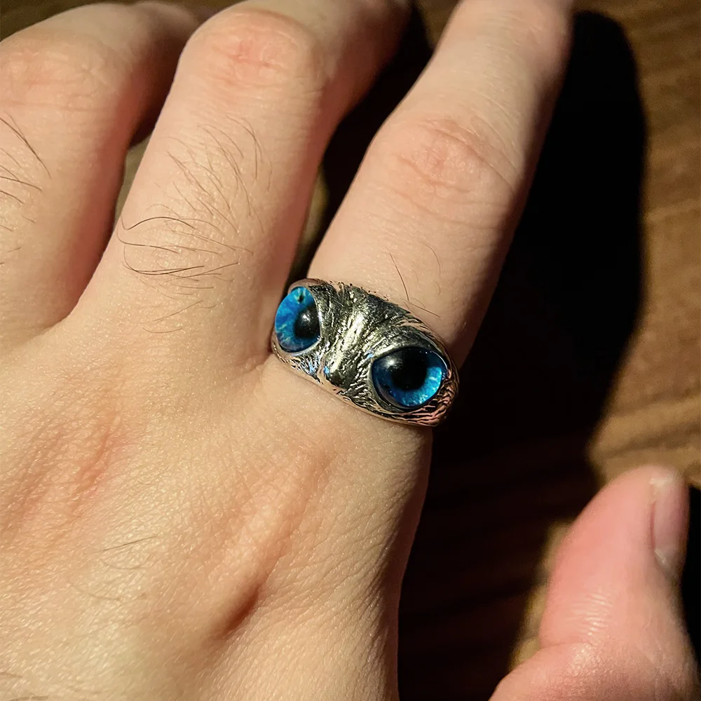 Retro Blue Eye Eule Verstellbarer offener Ring Punk Gothic Edgy Schmuck für Männer Frauen Kreatives Tierzubehör Süßes Geschenk für Familie – Detail 7