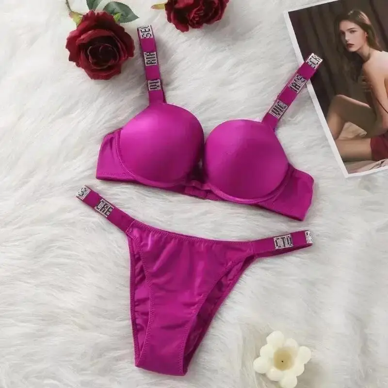 

Sexy Women Underwear Rhinestone Bra and Panty 2 Pieces Set Comfortable Push Up Brassiere Adjustable Gathered Lingerie Wholesale