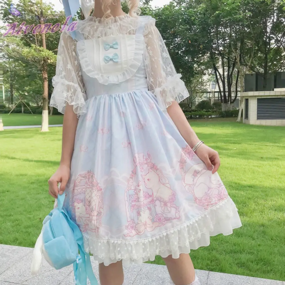 Cute Lolita Dress Women Straped Dresses Sweet Soft Kawaii Girls Bow Lace Lolita Princess Dress Vestido Girls Dresses AFC466 lolita dress lolita suspender dress lolita cosplay costumes suspender dress