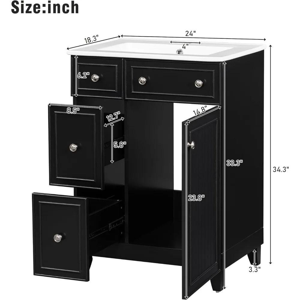 24 Inch Bathroom Sink, Standalone Single Basin Sink Set with Two Drawers and One Door, Modern Solid Wood Bathroom Cabinet 2