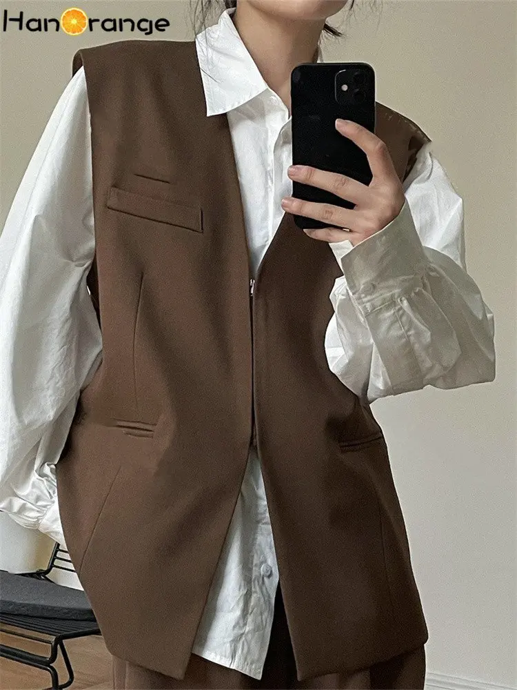 HanOrange 2024 Spring Autumn Vintage Woolen Suit Vest Women Invisible Zipper Loose Casual Sleeveless Jacket Female Grey/Brown
