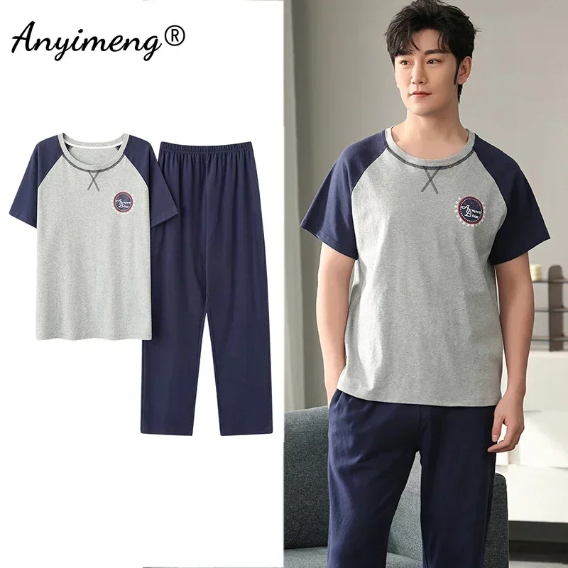 Mens Pajamas 3xl 4xl Sleepwear Short Sleeved Long Pants Cotton Leisure Pyjamas Boy Plaid Pants Men Summer Nightwear