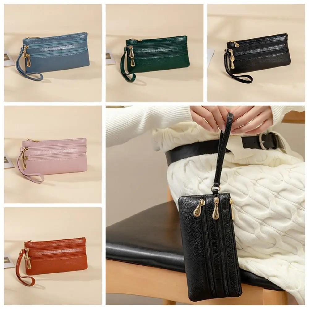 Solid Color Two Zipper Coin Purse Multi-pocket Korean Style Lychee Pattern Long Wallet Card Holder Large Capacity Shopping 2