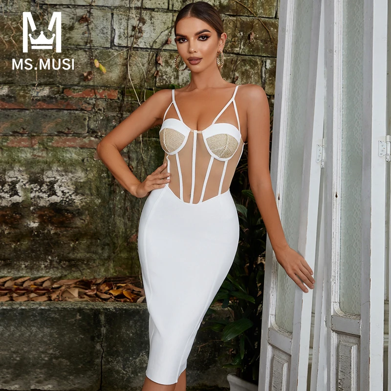 

MSMUSI 2023 New Fashion Women Sexy Strap Corset Lace Mesh Hollow Out Backless Bandage Party Club Bodycon Event Slim Midi Dress