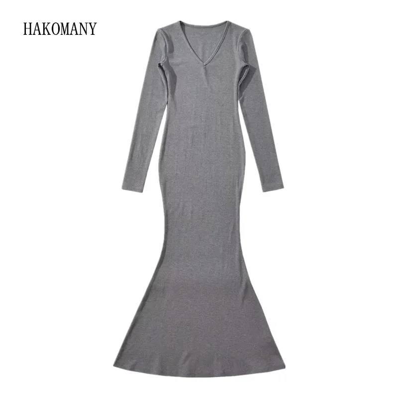 

Sexy V Collar Knitted Cotton Maxi Long Mermaid Dress The Spice Girls Full Sleeve Stretch Basic Bodycon Fishtail Robe Vestido