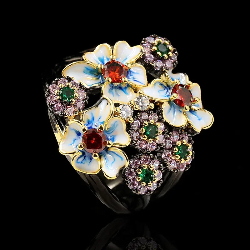 Ladies 925 Silver Black Gold Ring Color Flower Ring Zircon Jewelry Handmade Enamel Exaggerated Flower silver rings silver ring gold plated silver ring rose flower ring