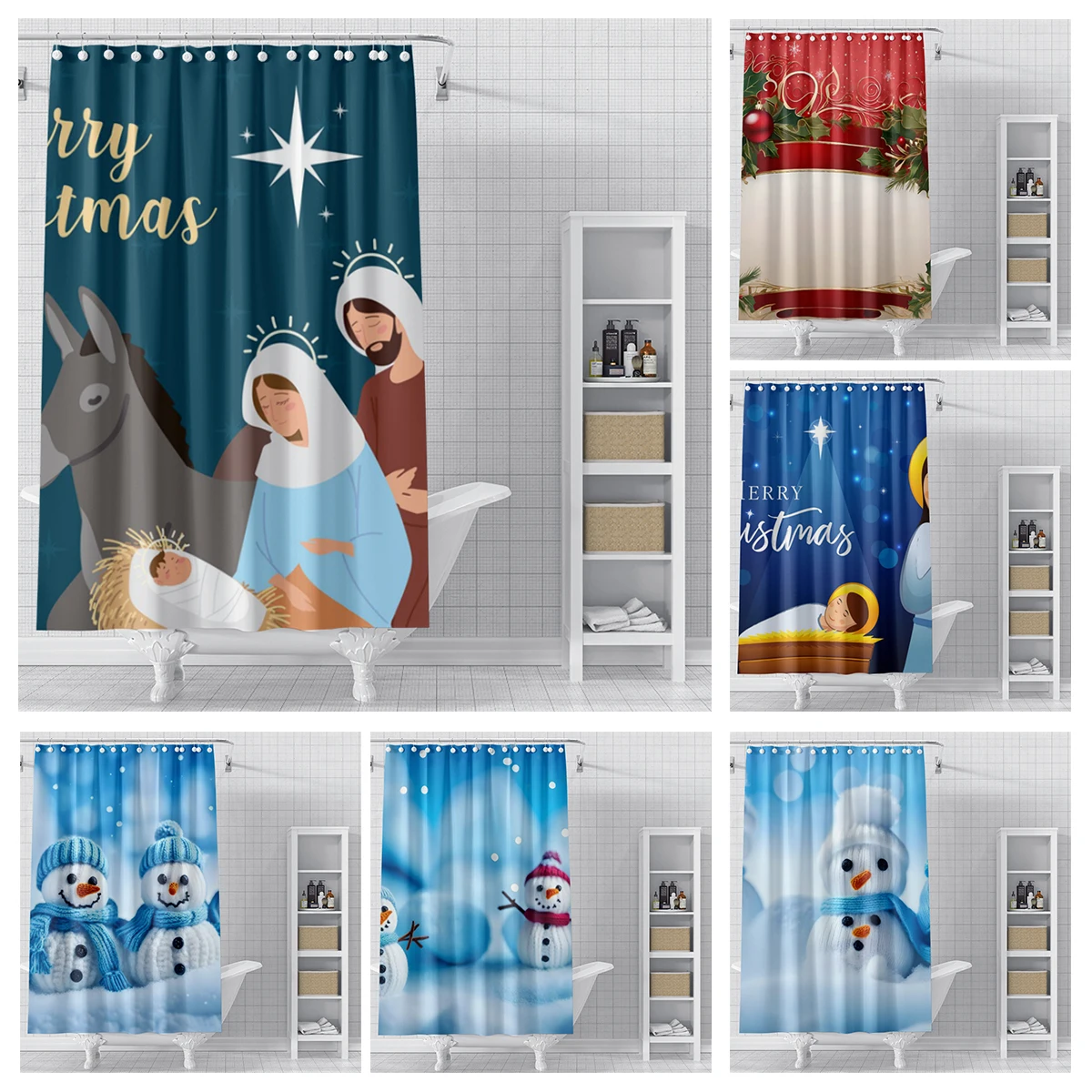 EOBTAIN Winter-Duschvorhang – Schneemann-Landschaft, Wasserdicht, 152x183 Cm, Mit 10 Haken, Aus Polyester