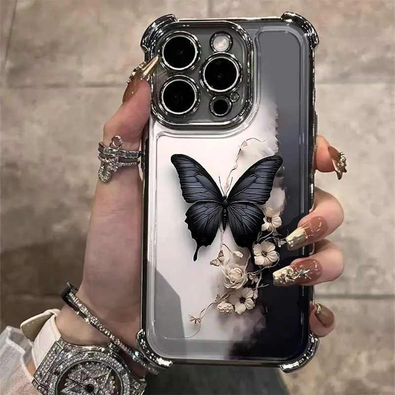 High Quality Black Butterfly Plating Phone Case with Anti-Fall Airbag Protection