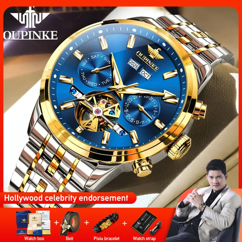 OUPINKE 3296 Mens Watch Original Automatic Mechanical Watch﻿ Sapphire Mirror 50M Waterproof Perpetual Calendar Day-Date Watch