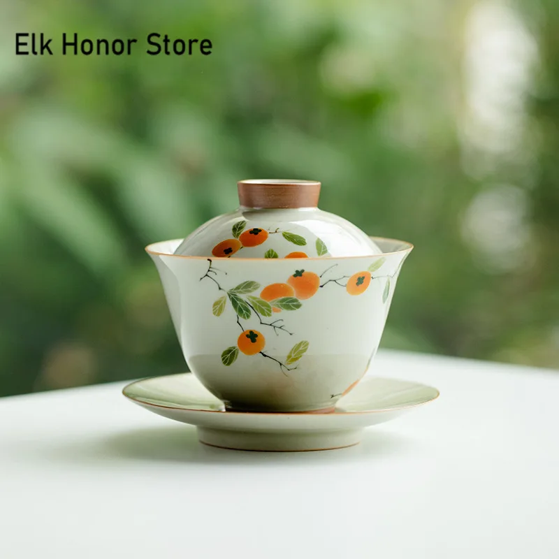 150ml Pure-painted Persimmon Ceramic Sancai Covered Bowl Retro Not Hot Tea Bowl with Lid Tea Maker Gaiwan Kung Fu Teaware Gifts