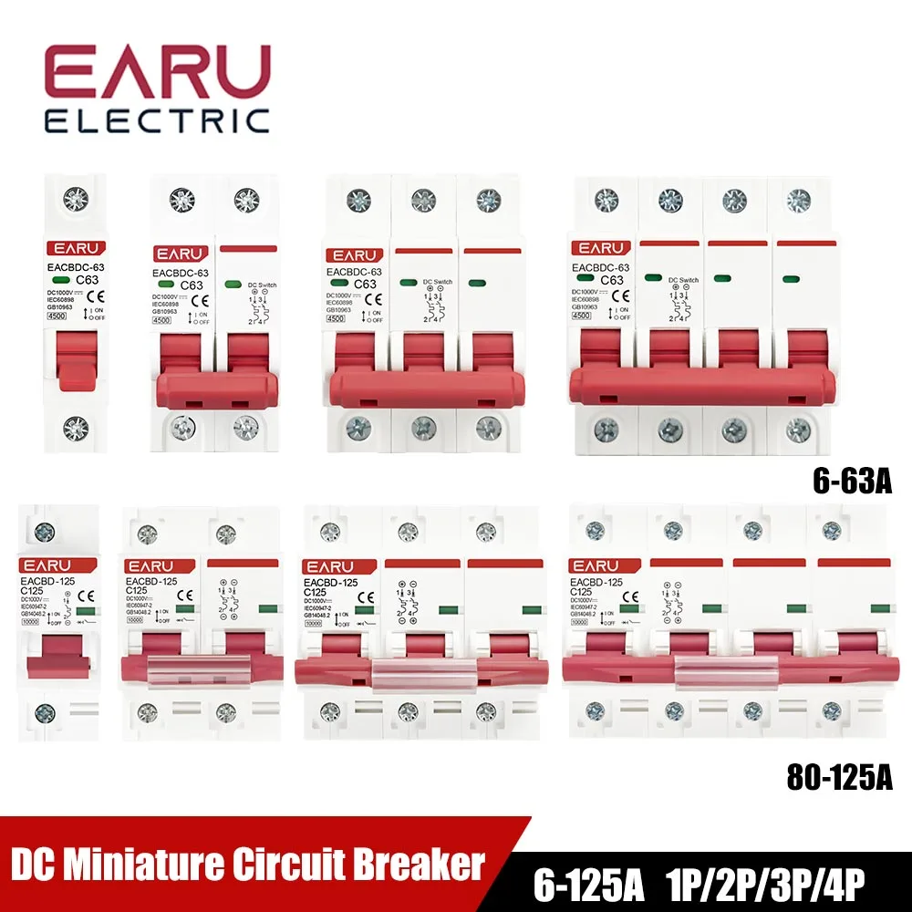 DC 1000V 1P 2P 3P 4P Solar Mini Circuit Breaker Overload Protection Switch6A~63A