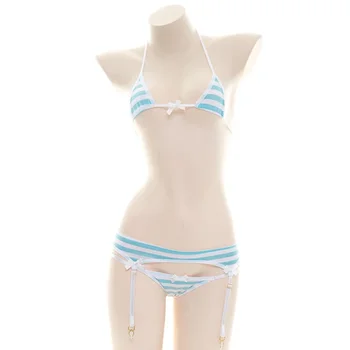 Sexy Bikini Set Women Strap Underwear Stripe Cute Lingerie Micro-Bikinis Swimwear Japanese Schoolgirl Anime Cosplay 1