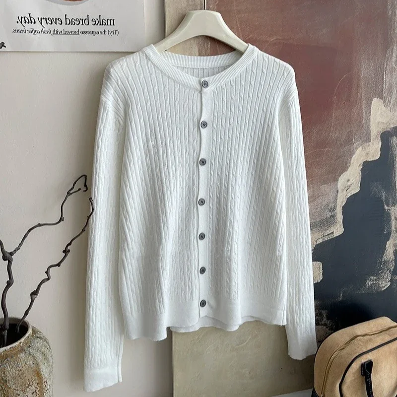 2025 New Casual Versatile Tops Autumn Winter Women's Crew Neck Cardigan Pure Color Long Sleeve Single Breasted Knitted Sweater - Image 6