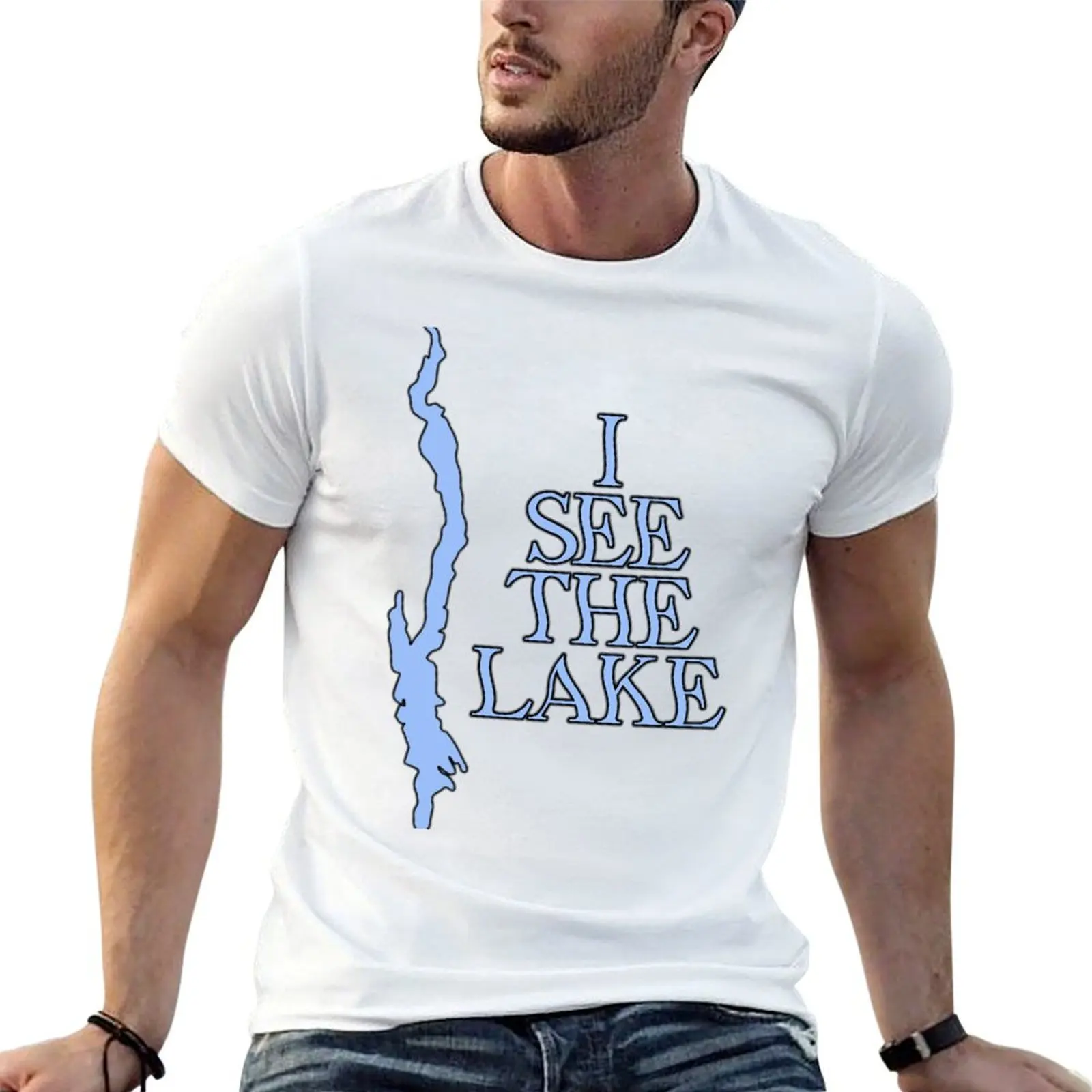 

Я вижу озеро (озеро Джордж-синий) Футболка под заказ тяжелые телескопические мужские футболки с графическим рисунком