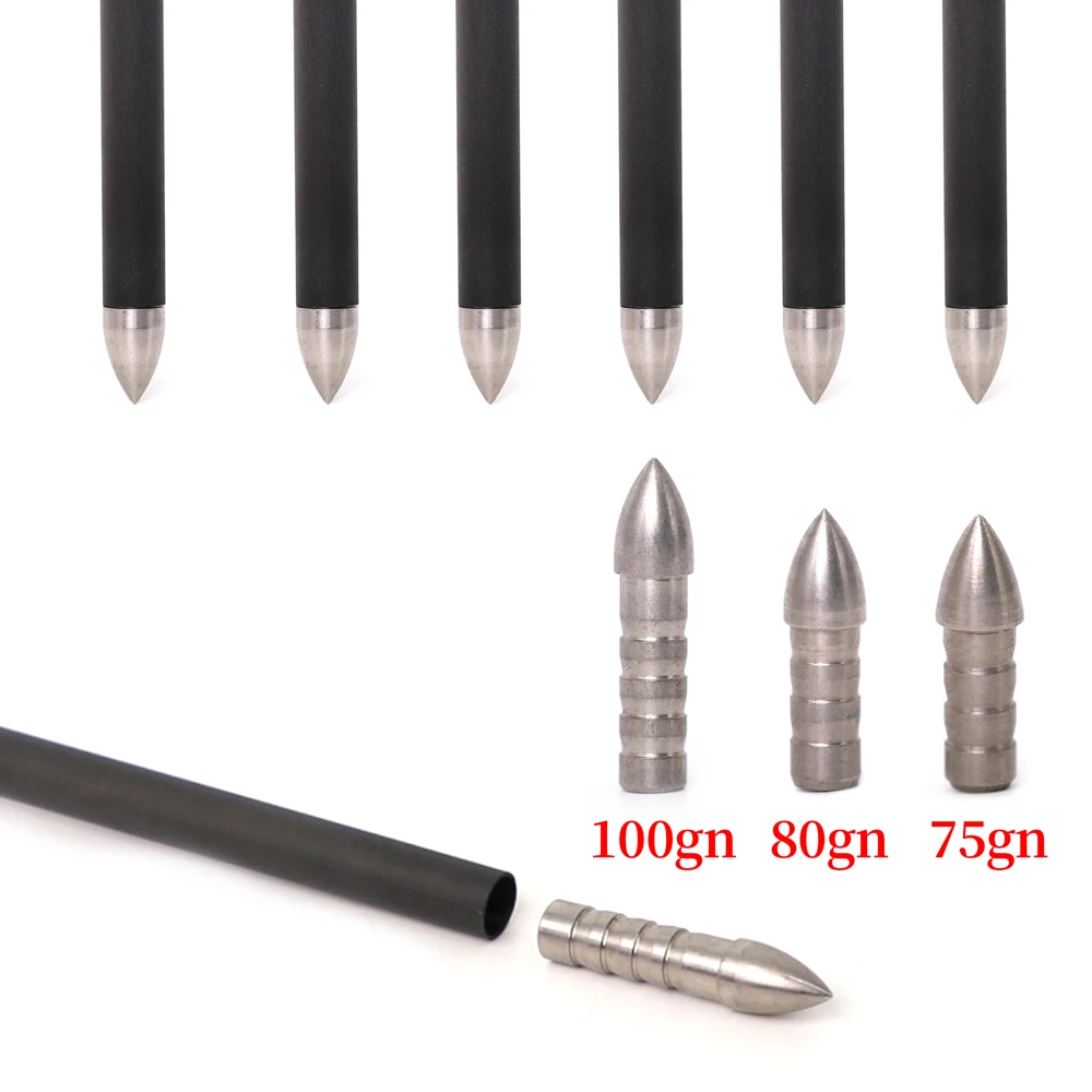 Archery Arrowhead 12pcs 75/80/100grain Insert Arrow Head Stainless steel Arrow Tips for ID 6.2 mm Shaft DIY Accessory archery arrowhead