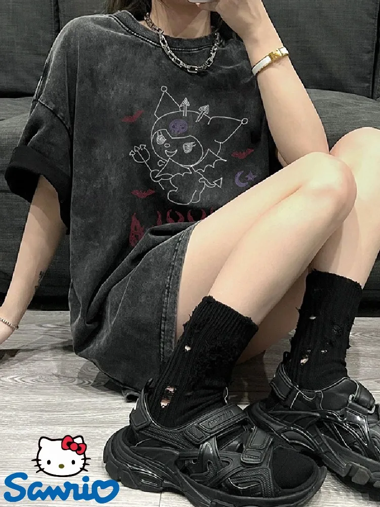 

Sanrio Kawaii Kuromi Anime Short Sleeve Cartoon Cute Y2k Fashion t-shirt Summer Loose Thin Cotton Sweet Top Girl Birthday Gift