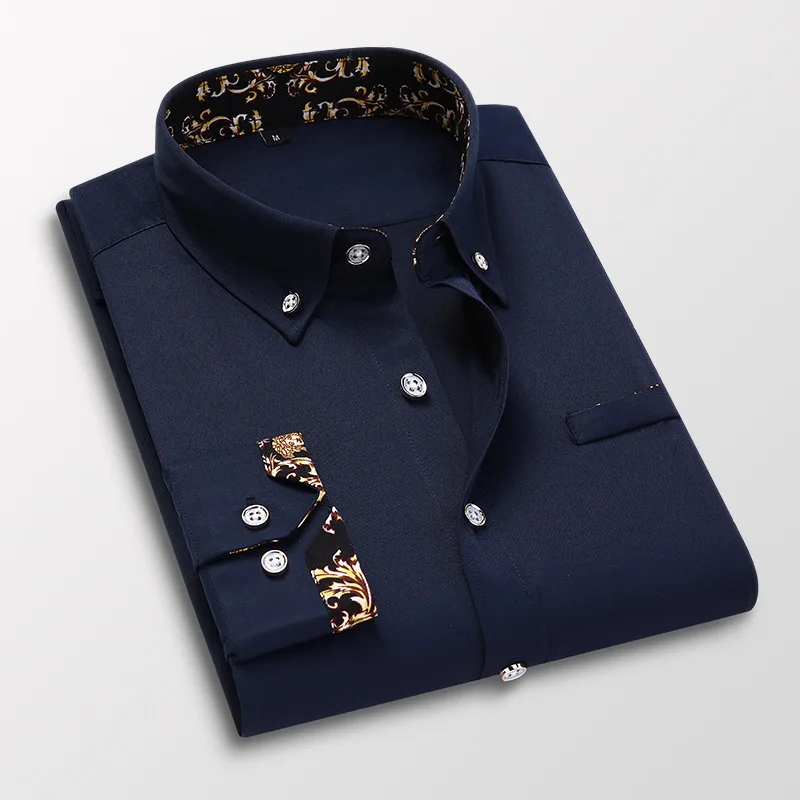 Male Black Business Slim Fit Shirts Fashion Shirts For Men Autumn Long Sleeve Print Patchwork White Formal Tops Clothing MY633